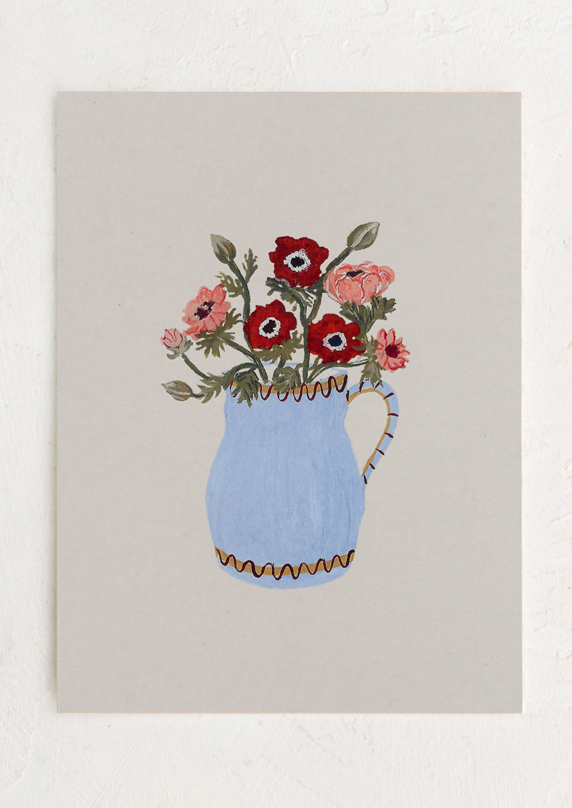 An illustrated art print of anemone flowers in a blue pitcher, on light grey background.