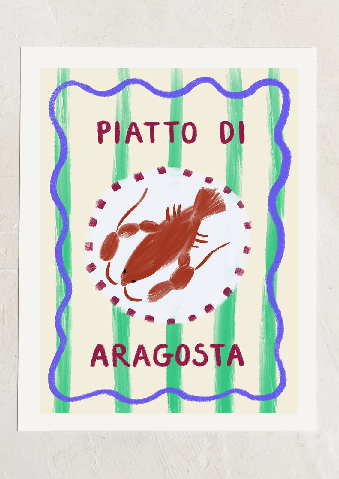A digital art print of a plate of lobster with descriptive french text.