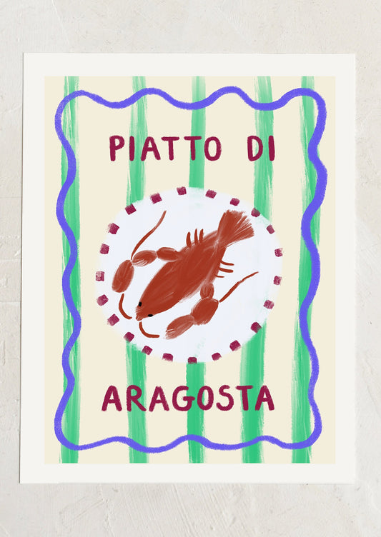 A digital art print of a plate of lobster with descriptive french text.