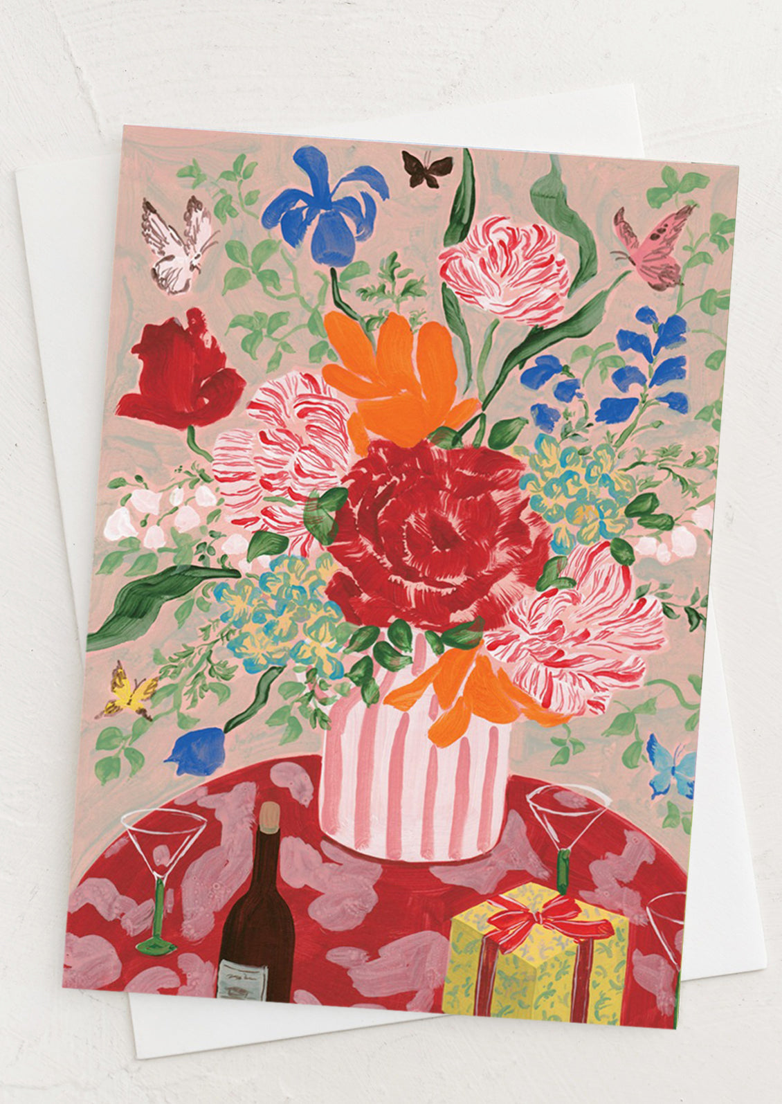 Floral bouquet print card in orange multicolor.