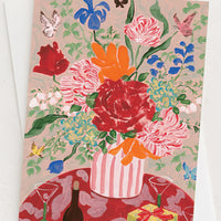 Orange / Red Multi: Floral bouquet print card in orange multicolor.