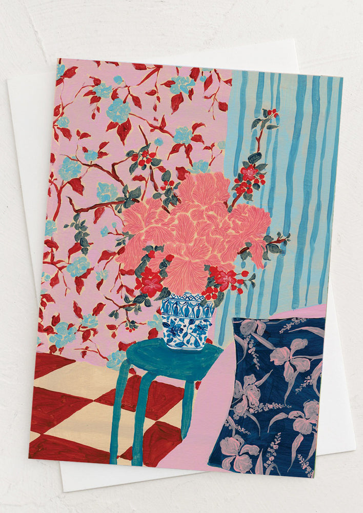Floral bouquet print card in pink and blue multicolor.
