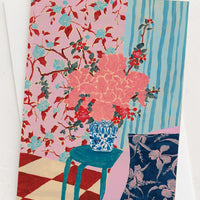 2: Floral bouquet print card in pink and blue multicolor.