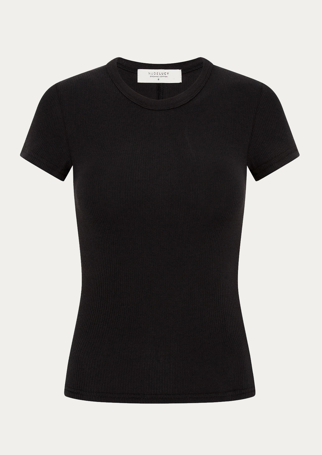 A solid white fitted baby tee in black.