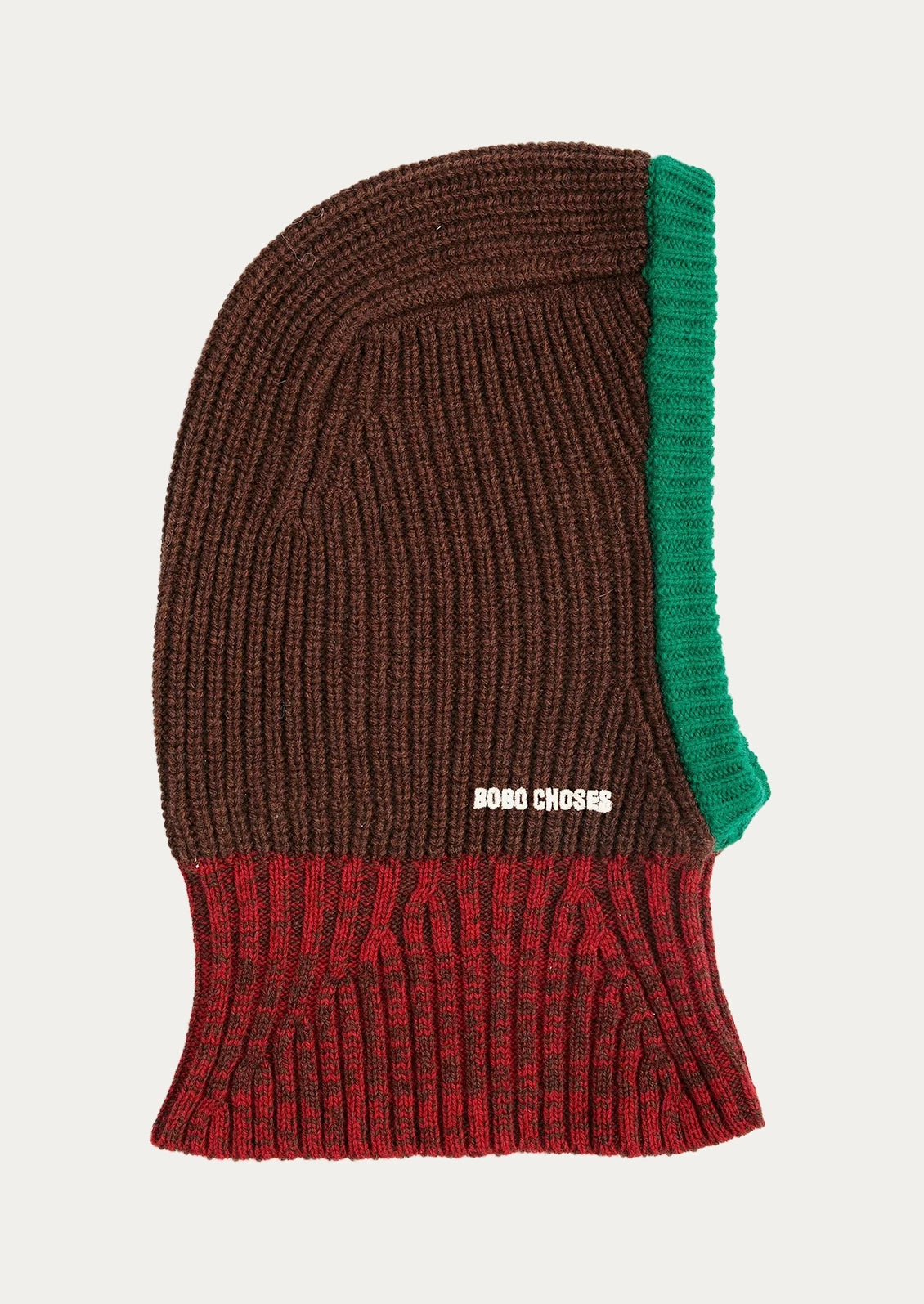 A brown, red, and green color block balaclava with a ribbed knit design.