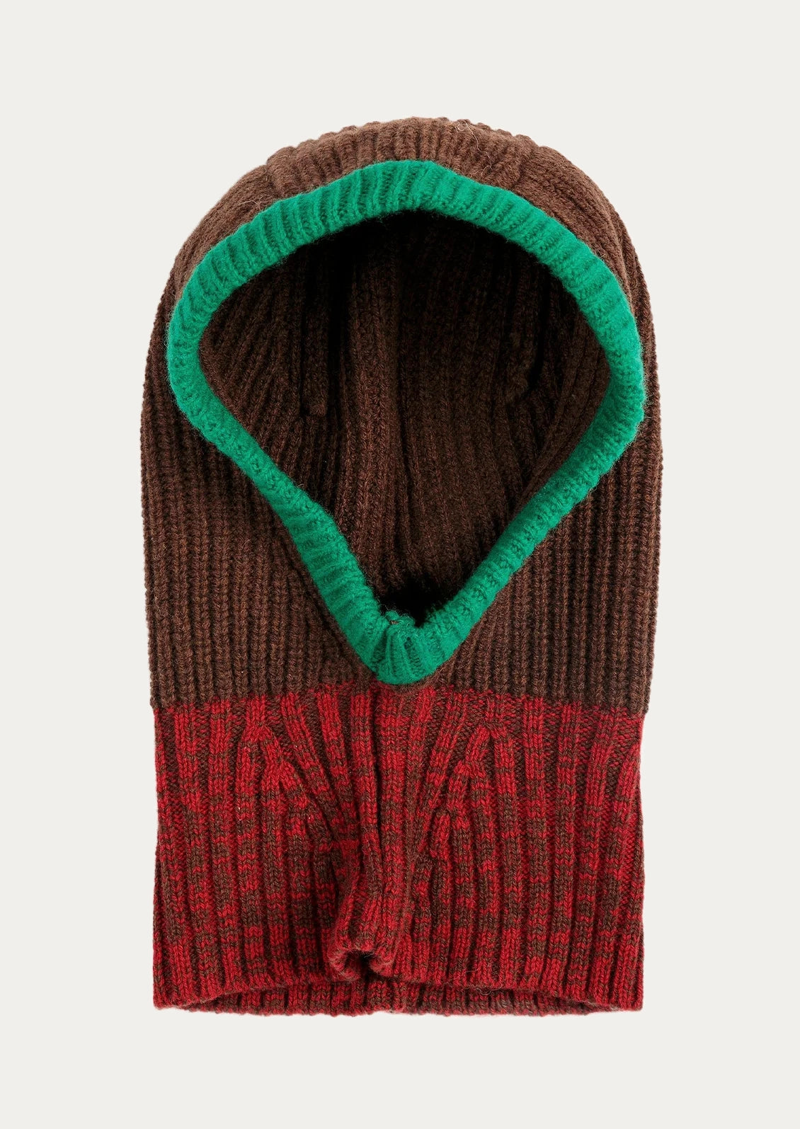 A brown, red, and green color block balaclava with a ribbed knit design.