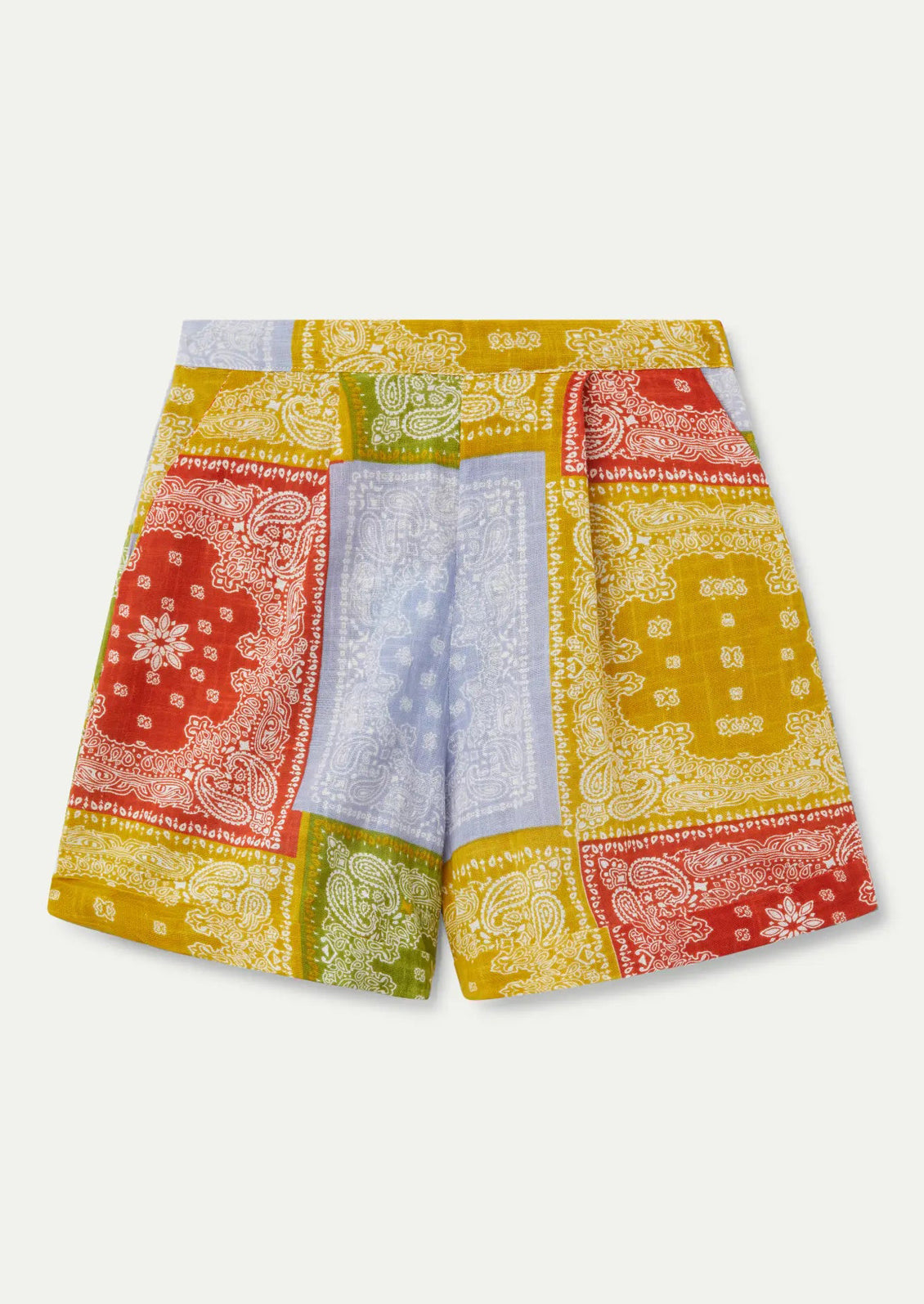 A pair of shorts with primary color bandana patchwork print.