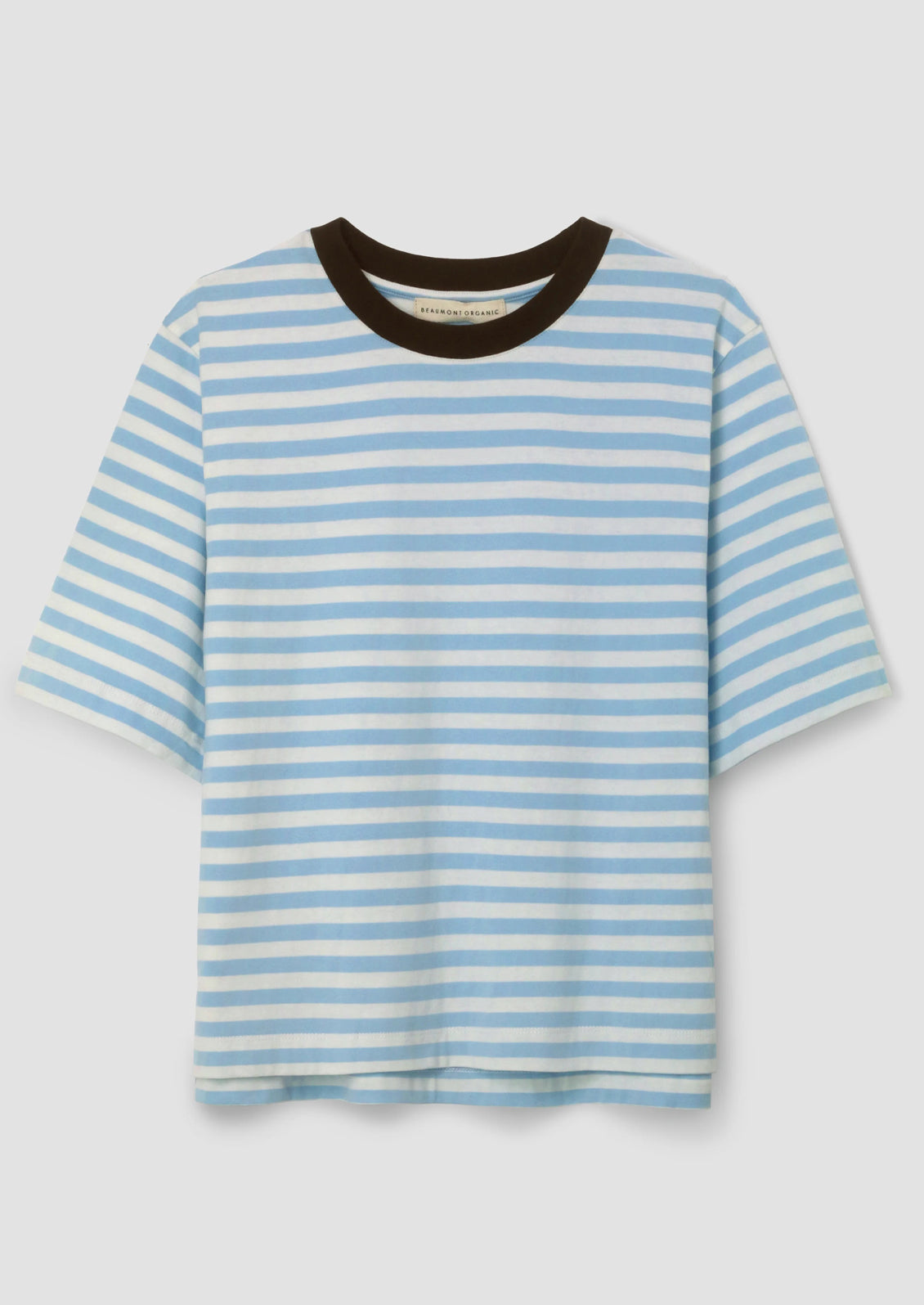 Striped shirt with light blue and white horizontal stripes and brown contrast collar.