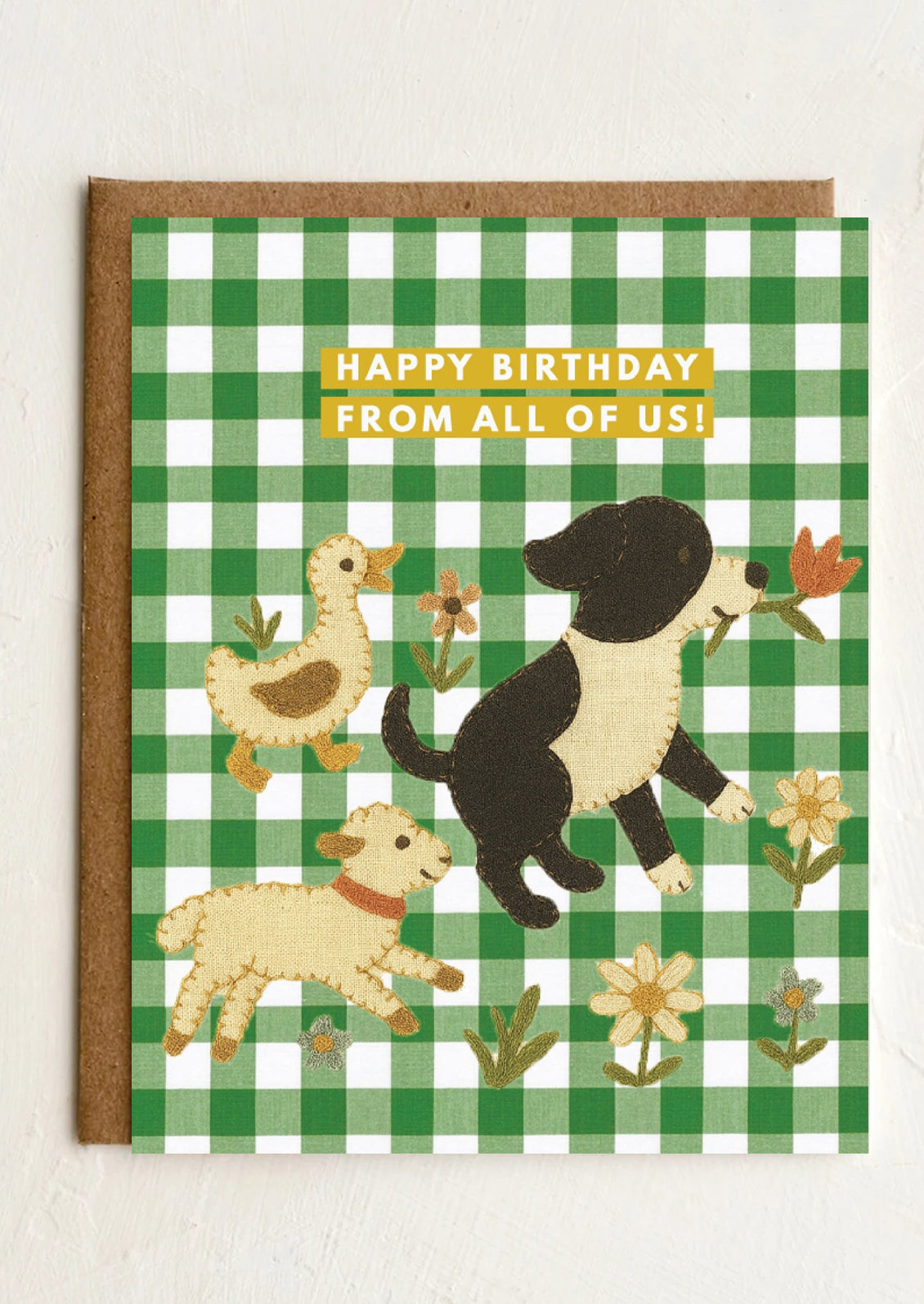 Birthday card with animals and checkered pattern