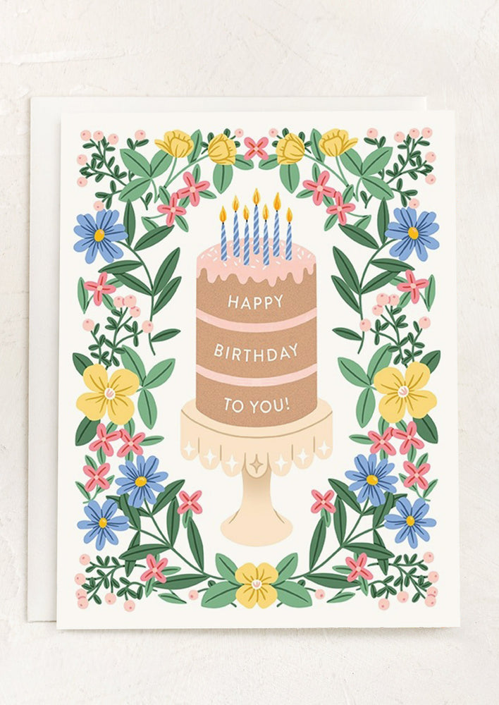 A birthday card with floral border and cake at center reading "Happy Birthday to you!".