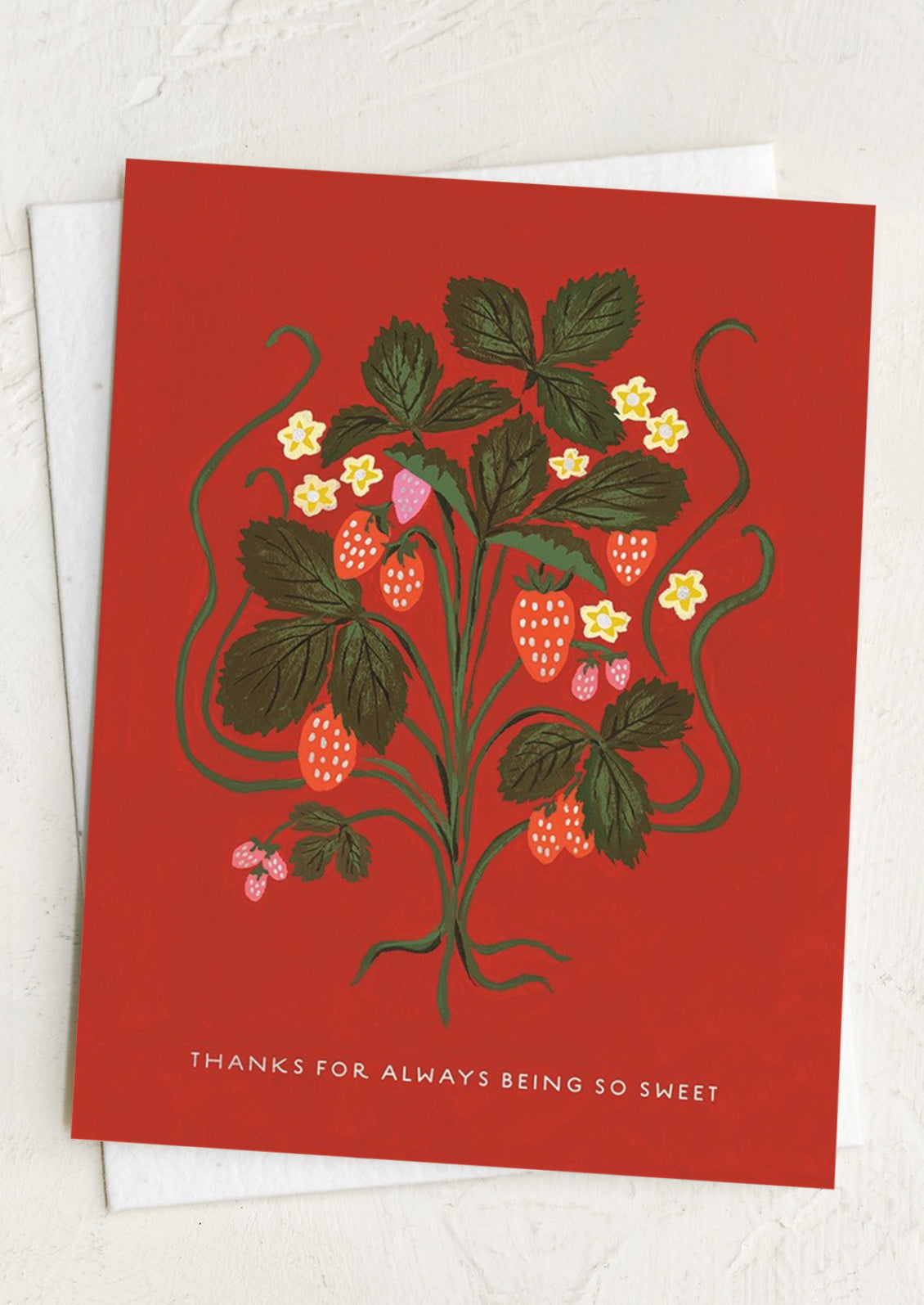 Greeting card with strawberry illustration and text reading "Thanks for always being so sweet".