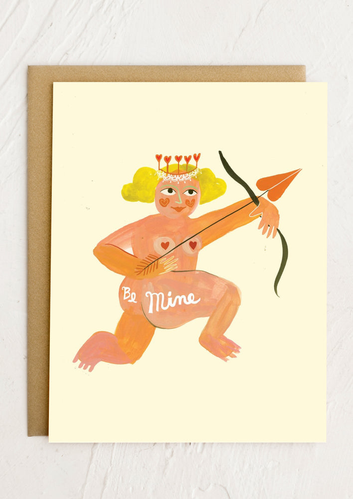 A greeting card with naked cupid reading "Be mine" on her butt.