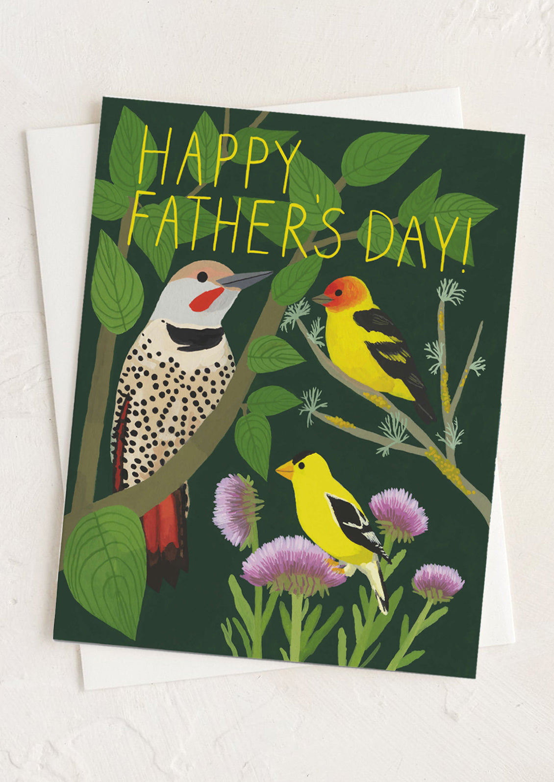 Father's Day card with birds and flowers on a green background