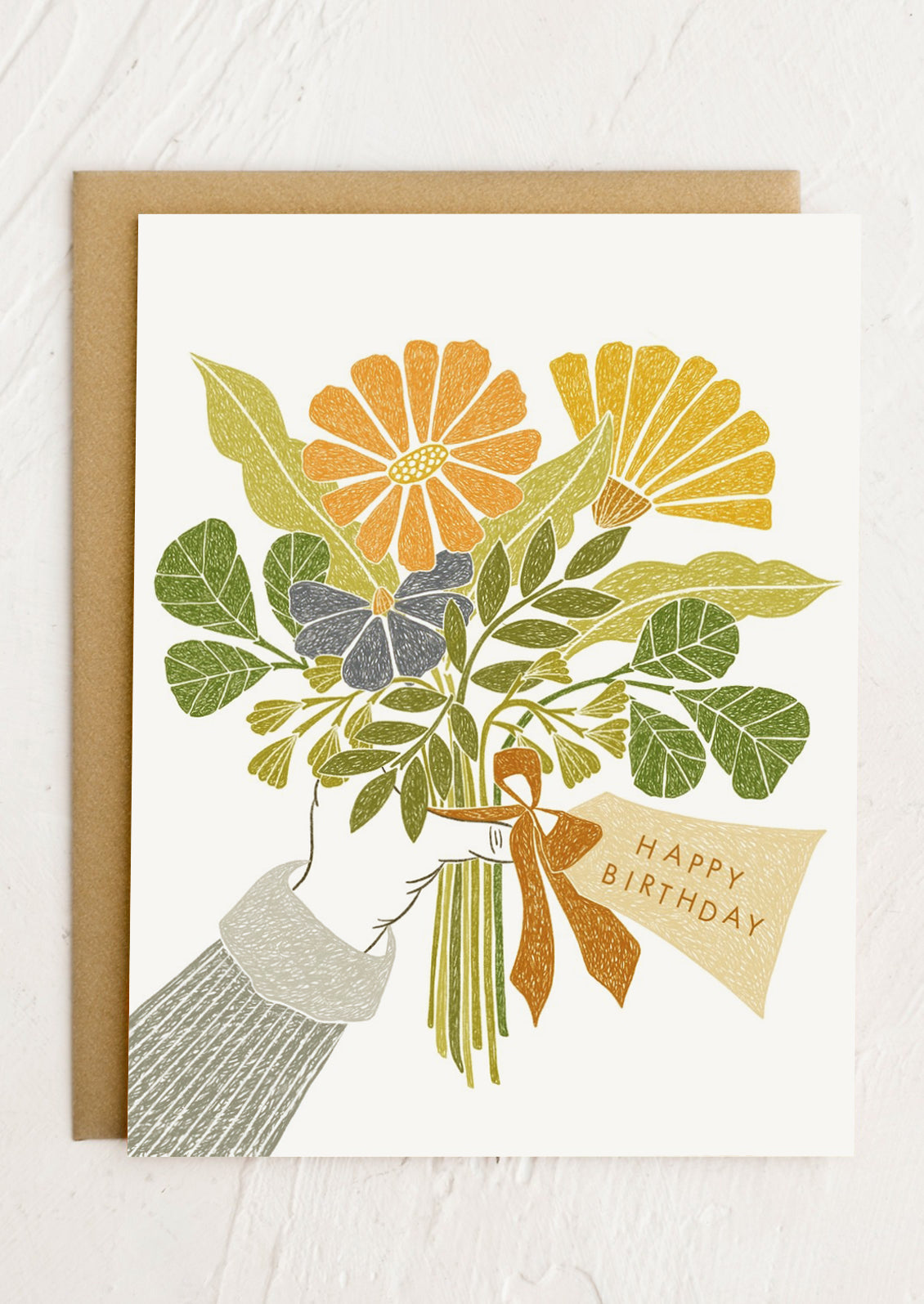 A digital print illustrated card with human hand holding bouquet of flowers and text reads "Happy Birthday".