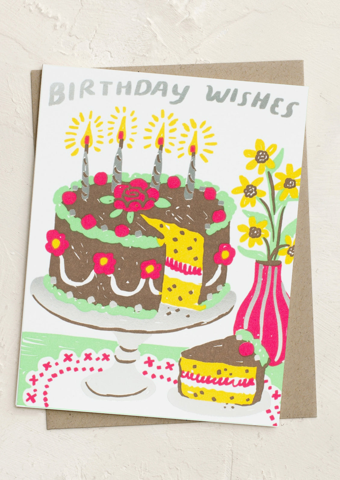 A card with scene of cake and vase with flowers on table, text at top reads "Birthday wishes!".