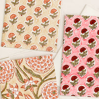 1: Block printed greeting cards in assorted prints and colors.
