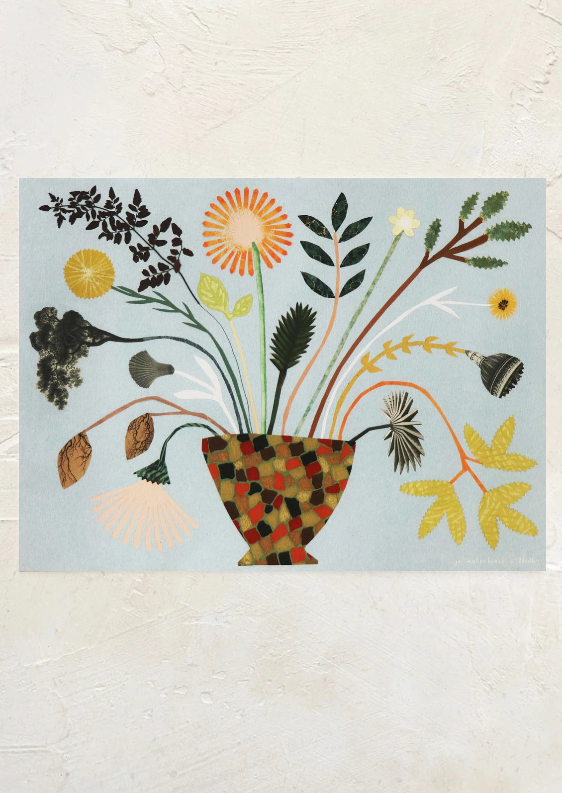 An art print featuring an abstract depiction of a colorful bouquet of flowers on a blue background.