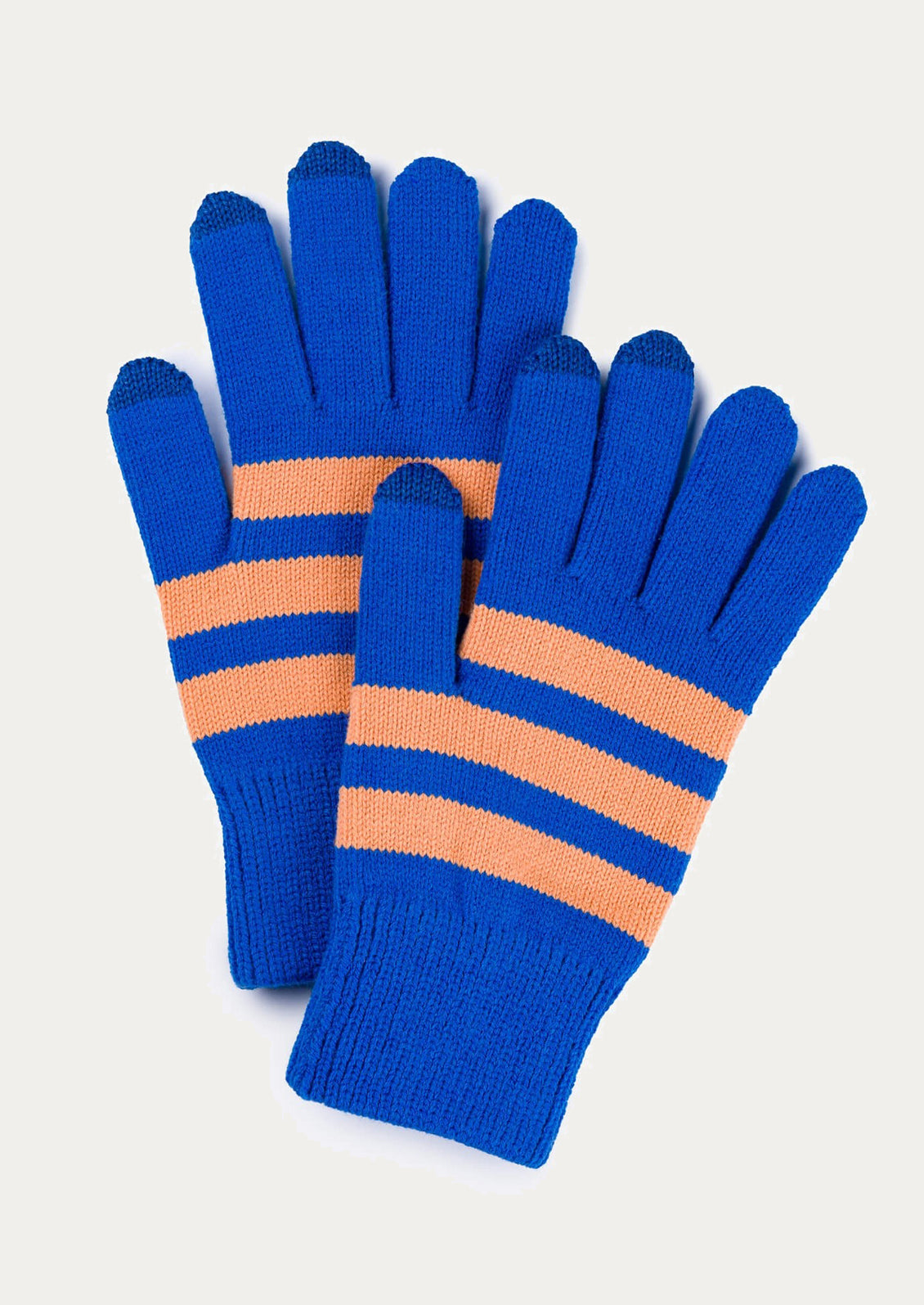 Pair of blue gloves with orange stripes on a light gray background