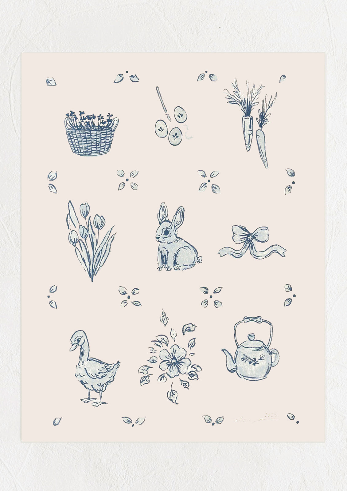 An art print with blue illustrations of a rabbit, duck, teapot, flowers, and other elements in blue on a light background.