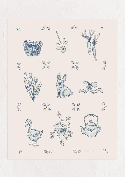 An art print with blue illustrations of a rabbit, duck, teapot, flowers, and other elements in blue on a light background.