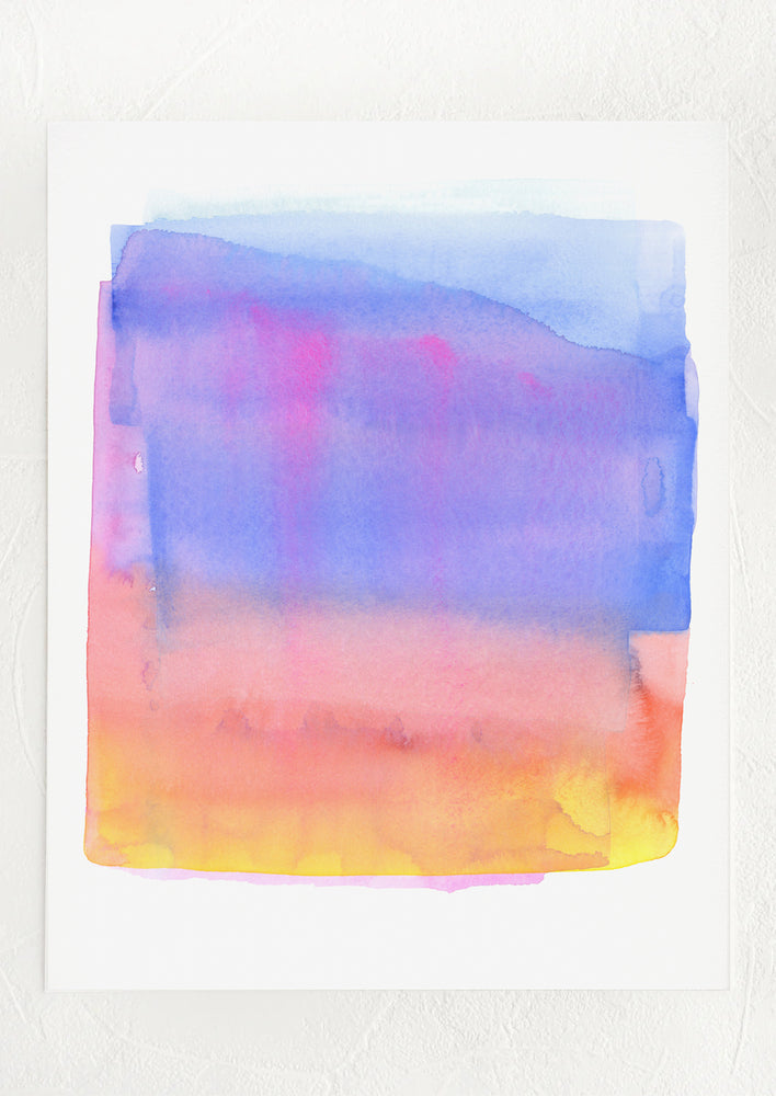 An abstract watercolor art print with layered colorform in bright tones of blue, purple, pink and orange.