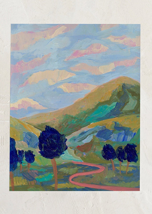 Colorful landscape painting with trees and a winding path.