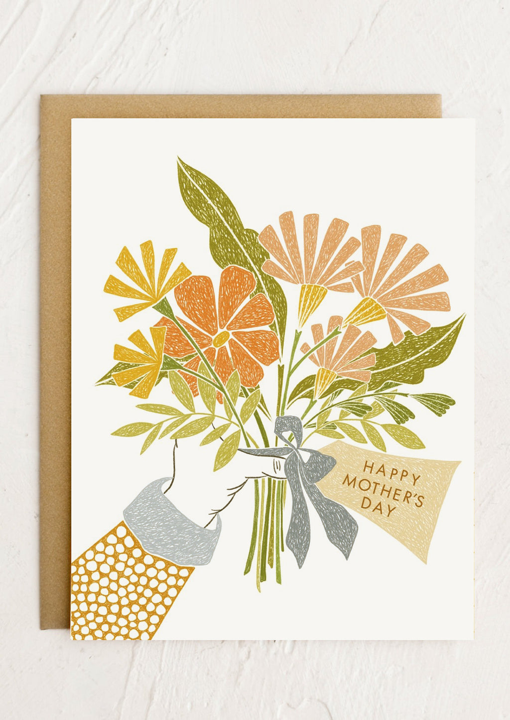 1: A card with illustration of hand holding bouquet of flowers, text reads "Happy Mother's Day".