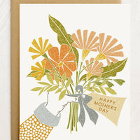 1: A card with illustration of hand holding bouquet of flowers, text reads "Happy Mother's Day".
