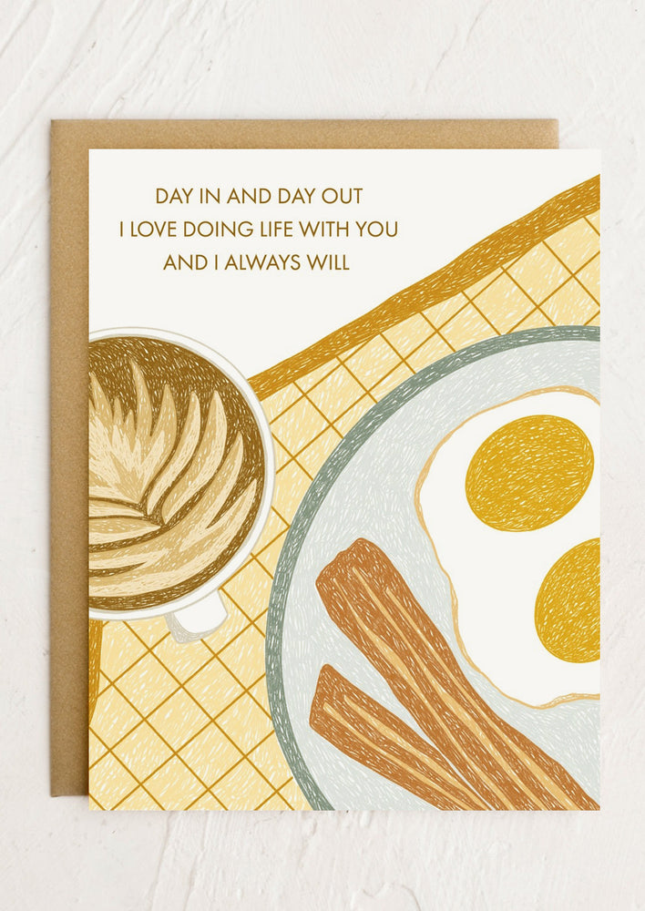 1: A card with breakfast illustration reading "I love doing life with you and I always will".