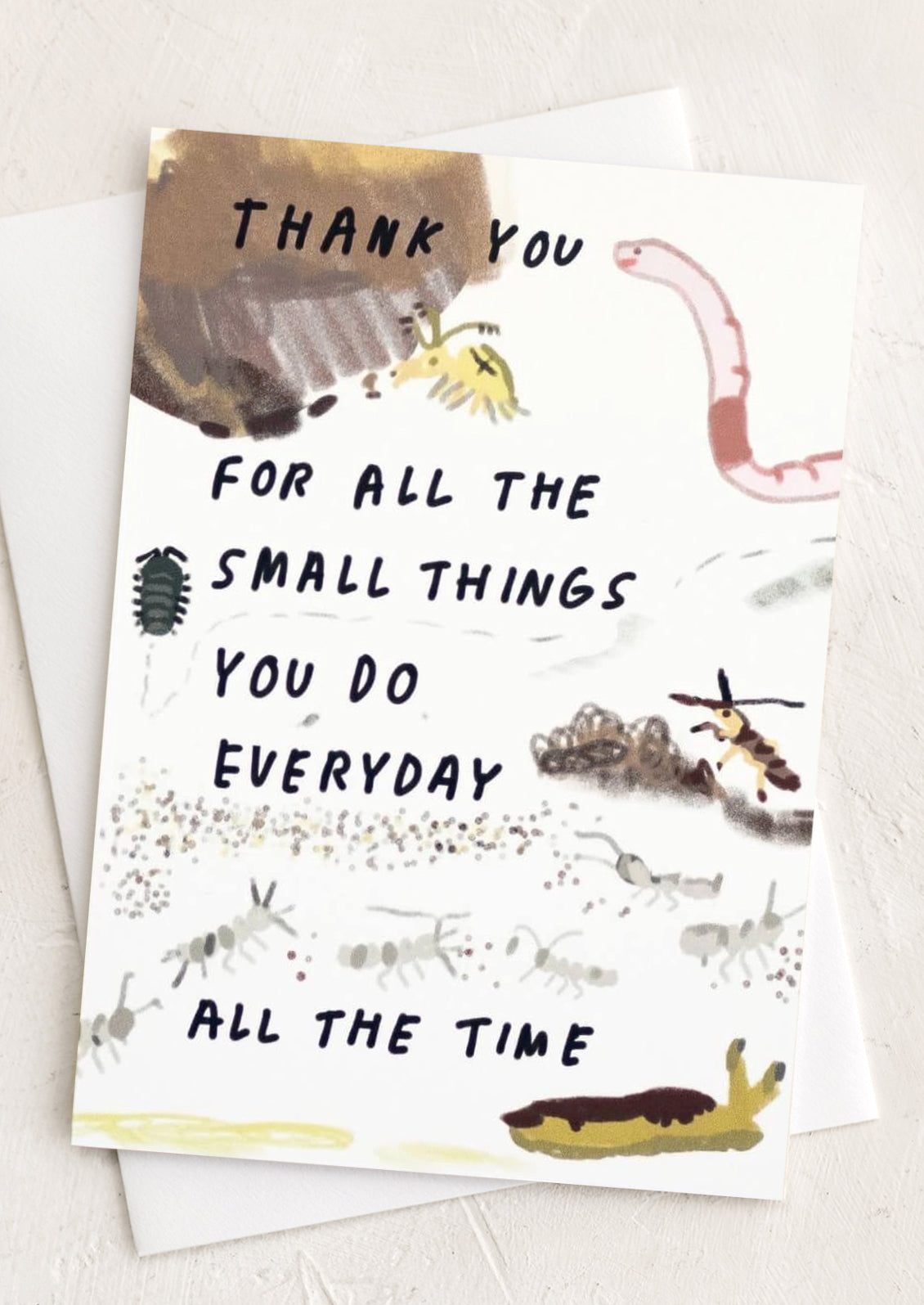 A card with illustrations of bugs and black thank you text.