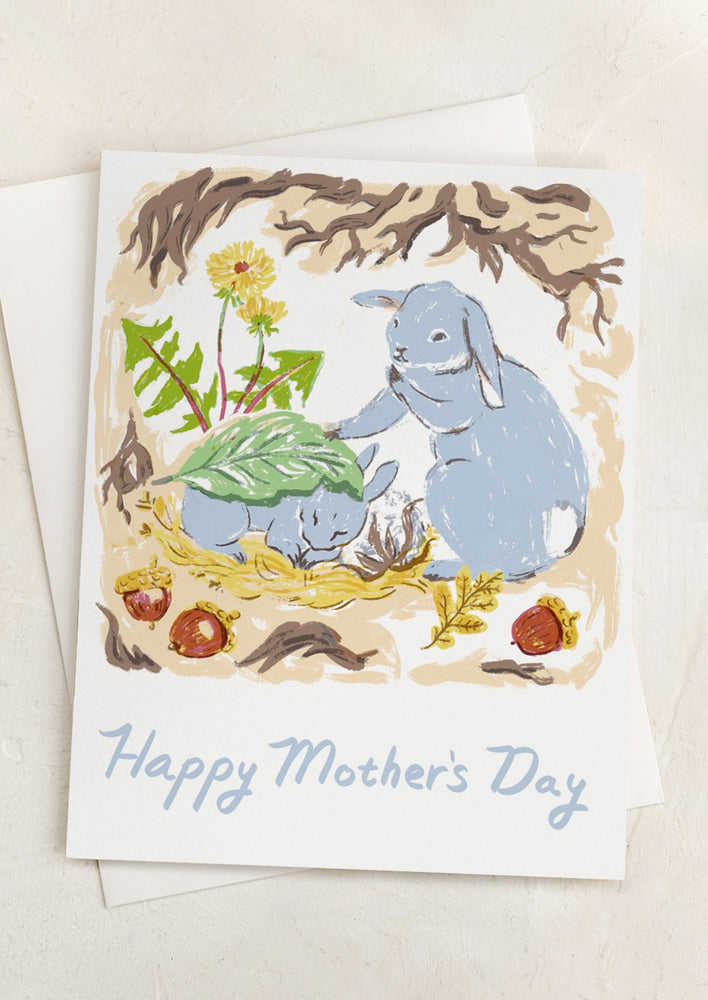 1: A card with illustration of bunnies, text reads "Happy Mother's Day.