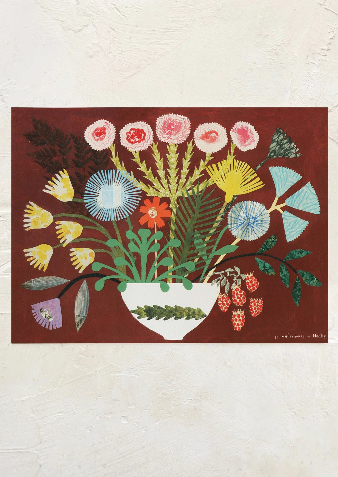 An art print featuring an abstract depiction of a colorful bouquet of flowers on a burgundy background.