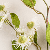 2: A faux flora spray of white buttonbush flower.