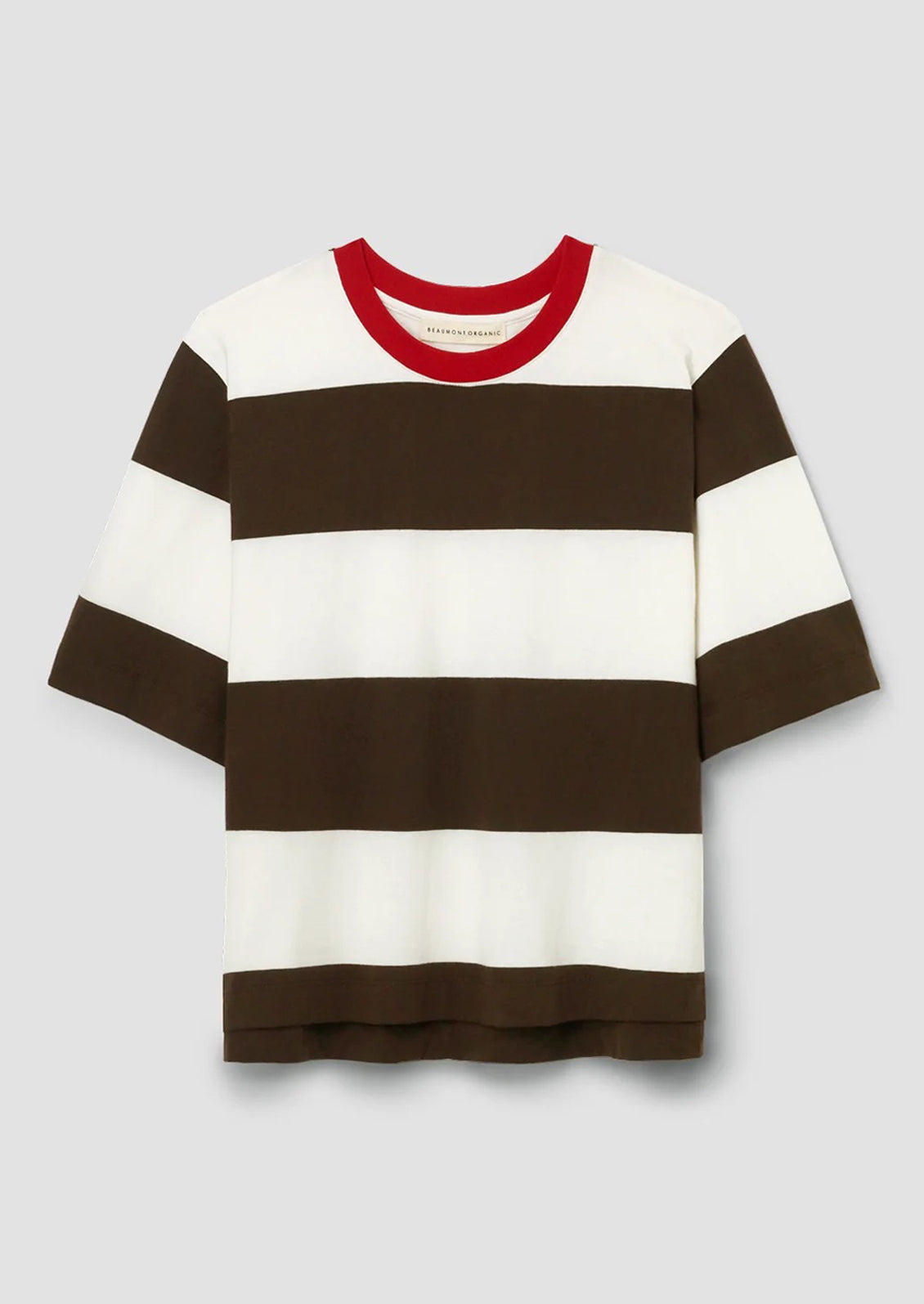 Striped shirt with brown and white horizontal stripes and red contrast collar.
