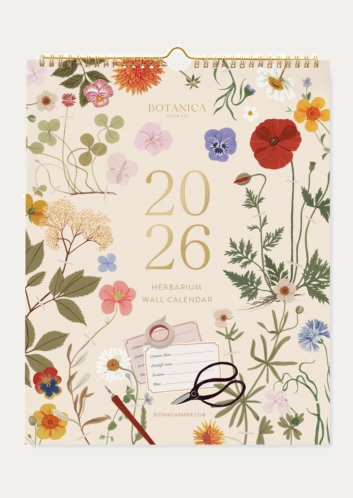 Floral design wall calendar with '2026' on a beige background
