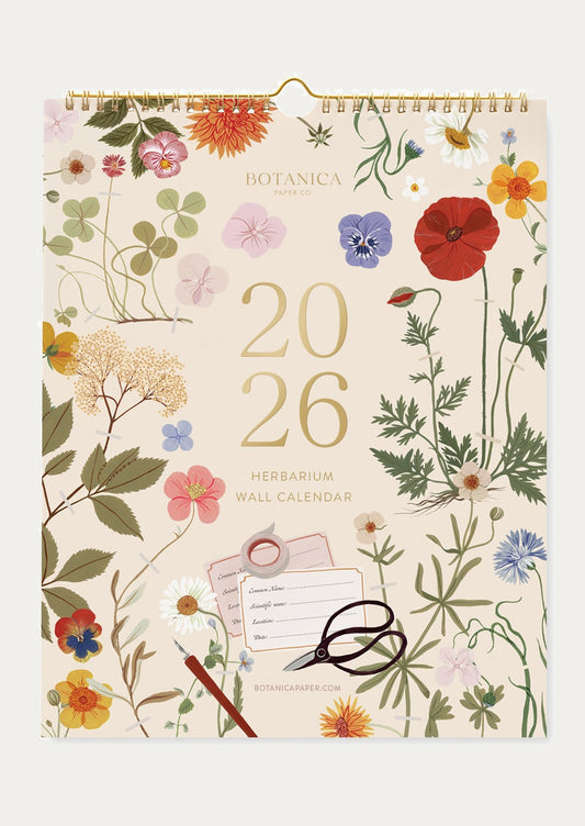 Floral design wall calendar with '2026' on a beige background