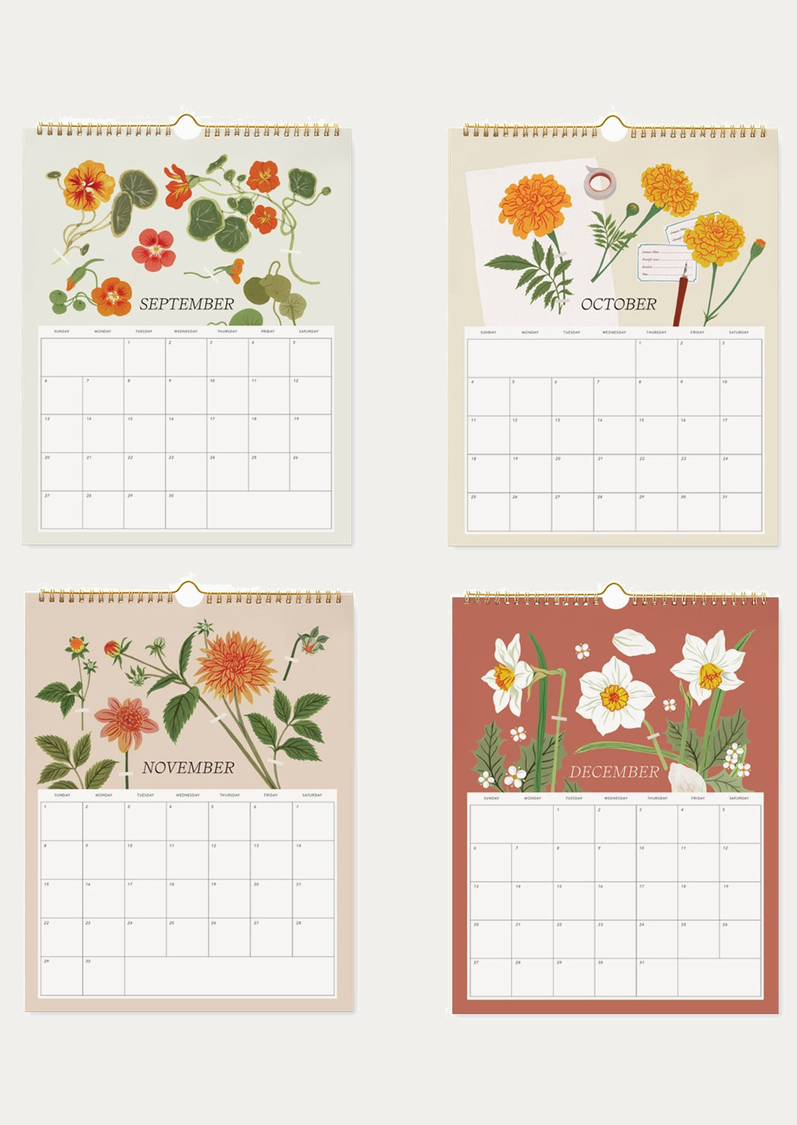 Four floral-themed calendar pages for September, October, November, and December.