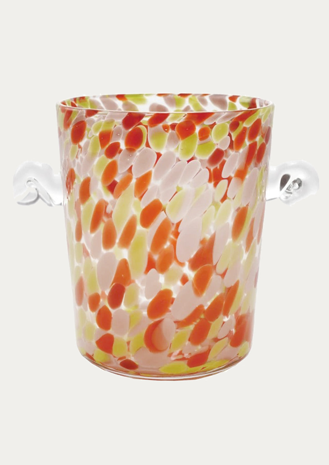 Decorative glass ice bucket with colorful abstract pattern.