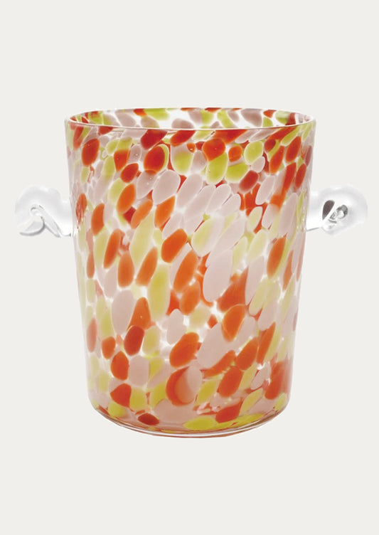 Decorative glass ice bucket with colorful abstract pattern.