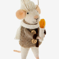 Candle: A felted mouse ornament wearing a sweater and holding a candle.