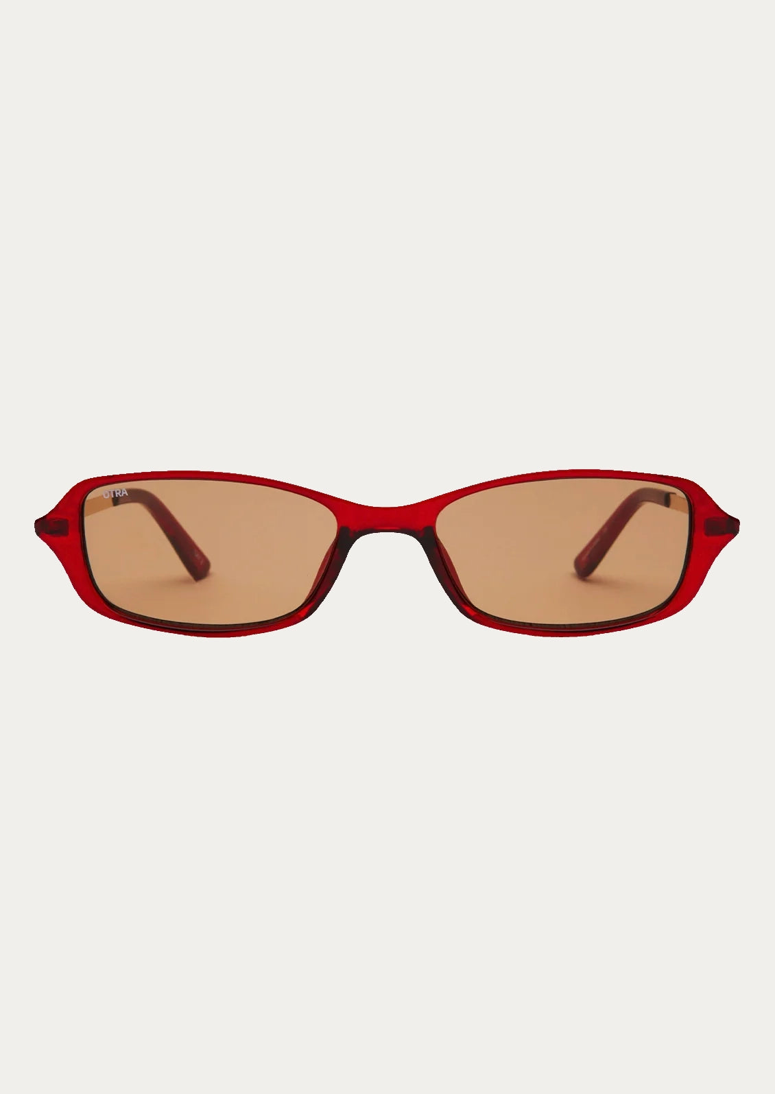A pair of square sunglasses with a cherry brown frame and brown lenses.