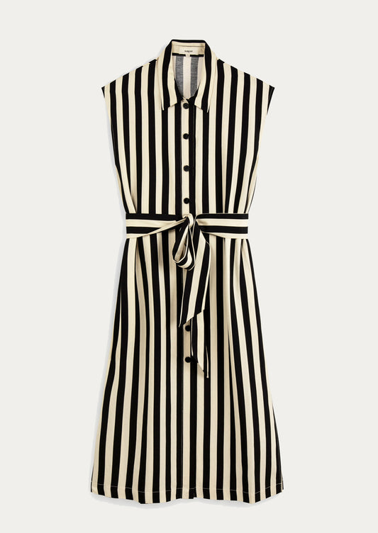 A sleeveless collared dress in vertical black and ivory stripes.