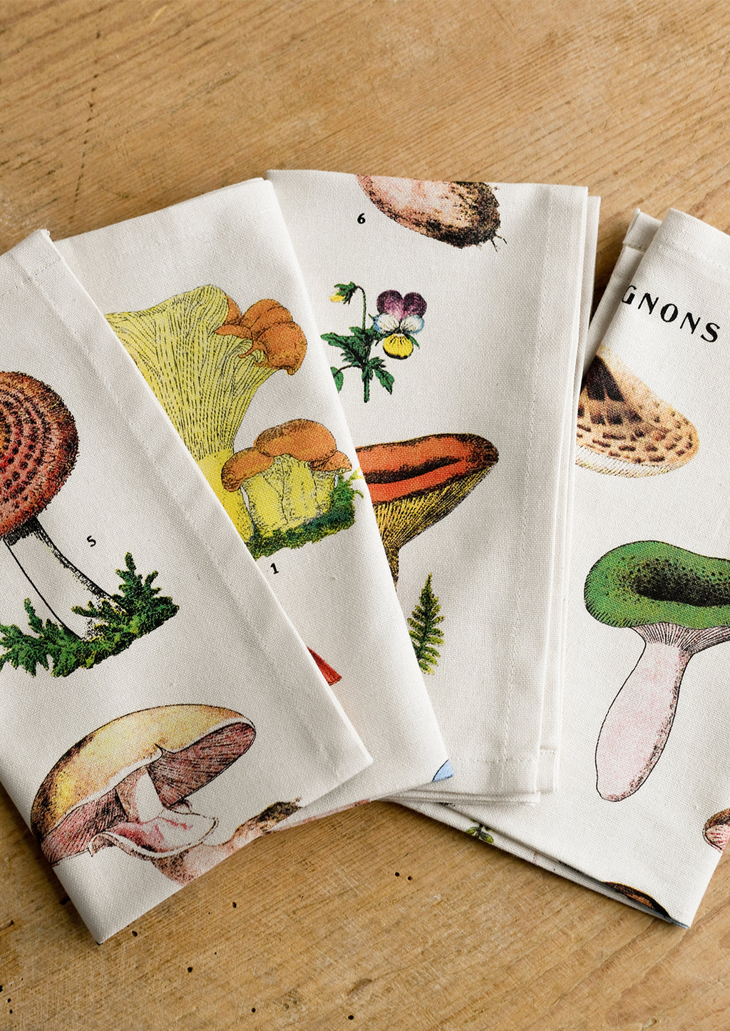 4: A set of four cotton dinner napkins with colorful mushroom species botanical print.