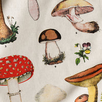 3: A set of four cotton dinner napkins with colorful mushroom species botanical print.