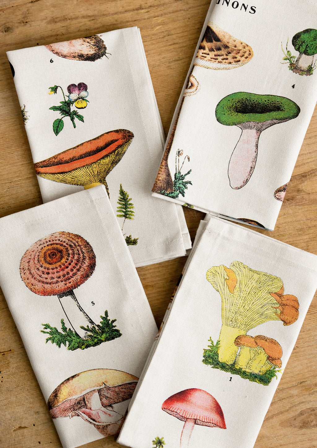 1: A set of four cotton dinner napkins with colorful mushroom species botanical print.