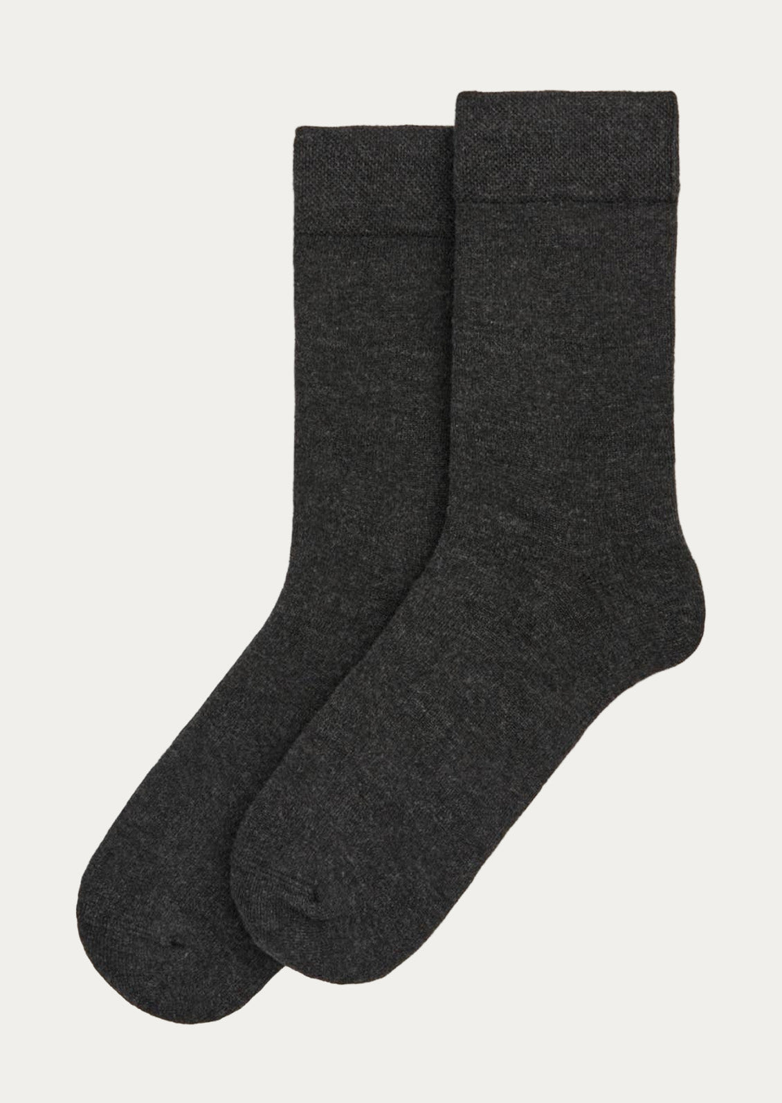A pair of charcoal grey bamboo blend calf-length crew socks.