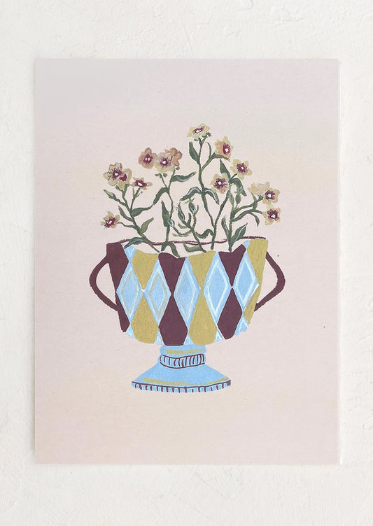 Decorative illustration of a patterned vase with flowers on a light background