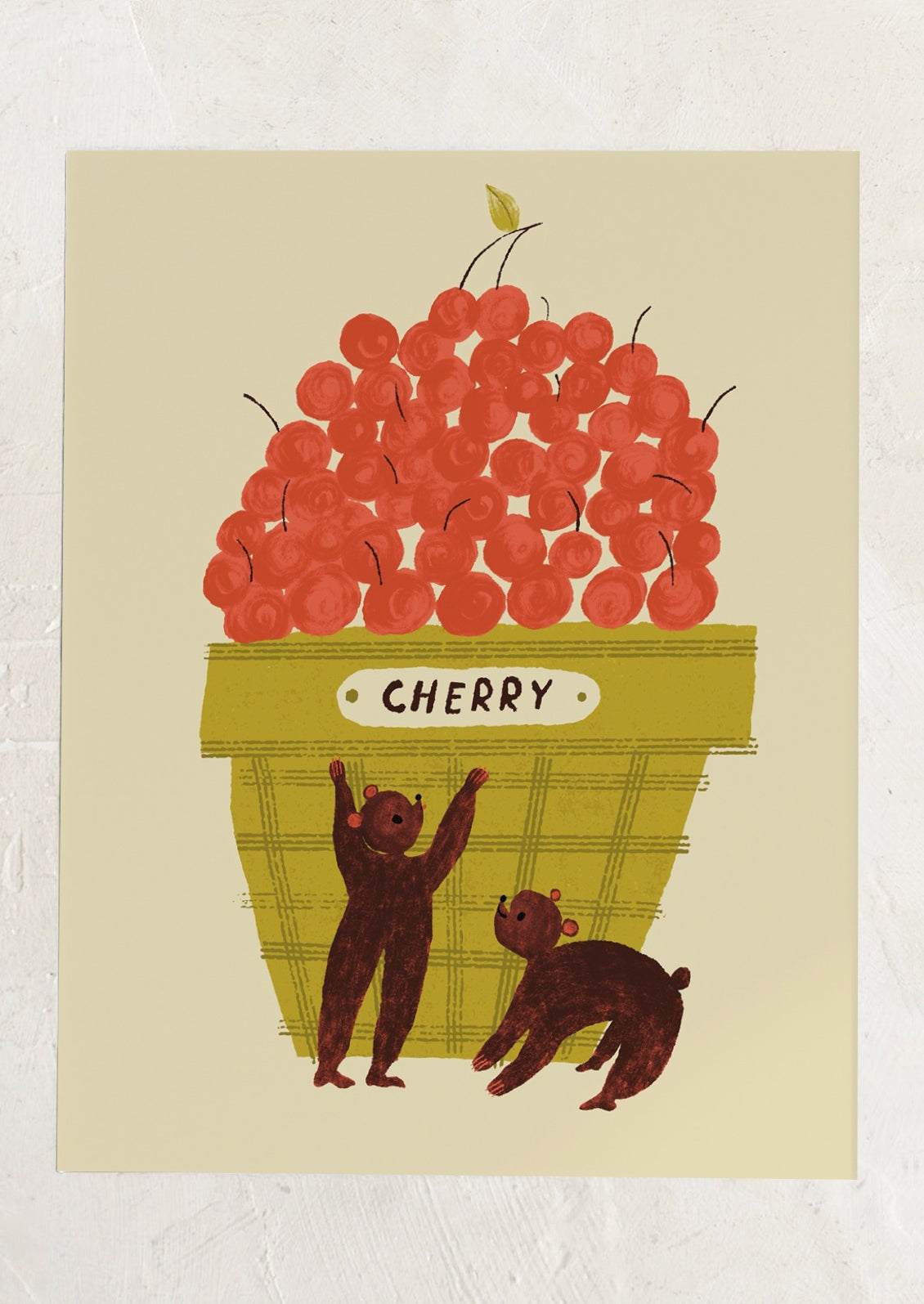 Illustration of two bears with a basket of cherries on a beige background