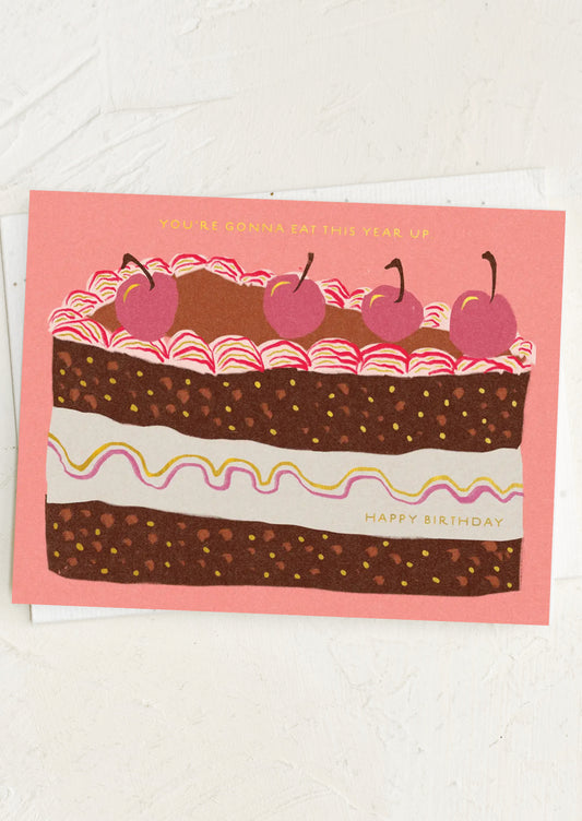 Birthday card with a cake illustration and text on a white background
