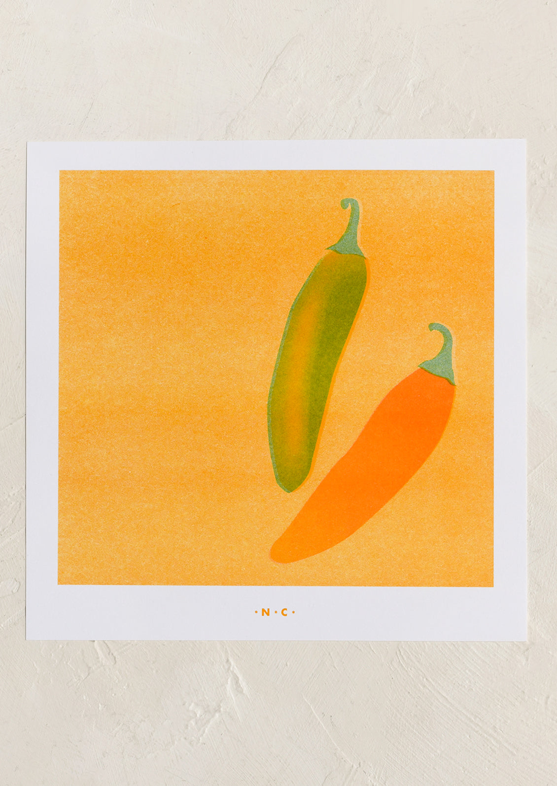 Illustration of two peppers on a yellow background with a white border.
